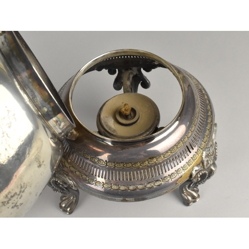 53 - A Large Late Victorian Silver Plated Spirit Kettle with Hinged Lid on Tripod Stand with Claw Feet, W... 