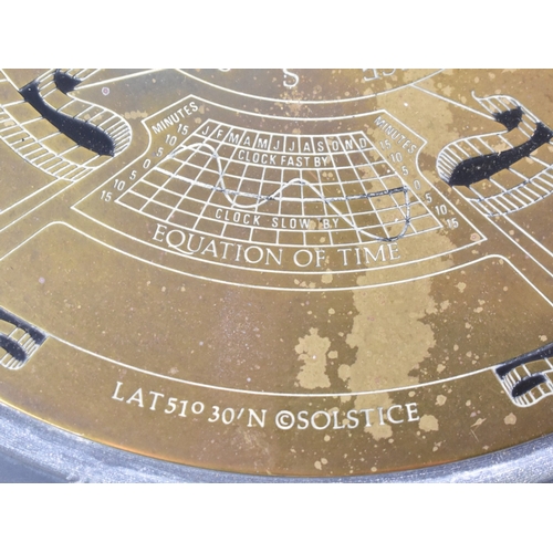 1 - A Large Modern Brass Sundial Top set on Circular Slate Plinth 'Thou By The Dial's Shady Stealth Mays... 