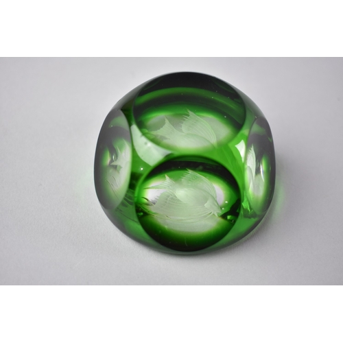23 - A Webb Corbett Engraved Green Glass paperweight, Decorated with Angel Fish, 7cms Diameter