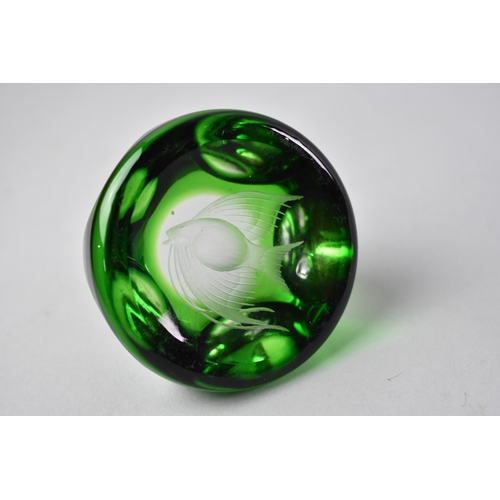 23 - A Webb Corbett Engraved Green Glass paperweight, Decorated with Angel Fish, 7cms Diameter
