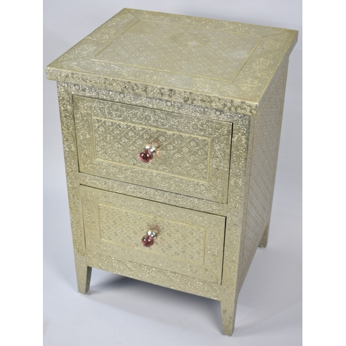 53 - A Contemporary Brass Covered Two Drawer Chest with Embossed Decoration All Around, 50cms Wide and 73... 