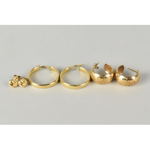 22 - A Collection of Three Pairs of 9ct Gold Earrings to include Italian Hooped Examples, 9ct Gold Knot E... 