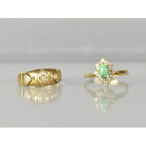 19 - Two Yellow Metal Rings to include White Stone Mounted Example with Raised Lozenge Decoration, Stampe... 