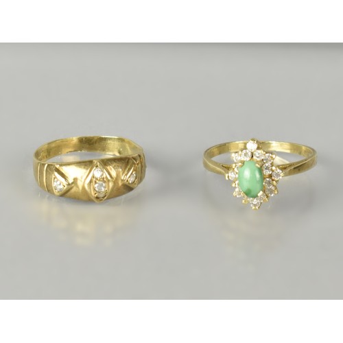 19 - Two Yellow Metal Rings to include White Stone Mounted Example with Raised Lozenge Decoration, Stampe... 