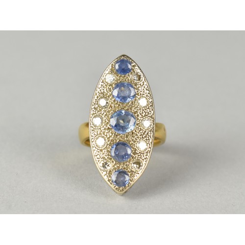 4 - A Large, Sapphire and Diamond Navette Ring, Five Graduated Old Round Cut Sapphires Measuring 5mm Dia... 