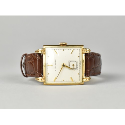 50 - A 14ct Gold Cased Longines Wristwatch, Square Champagne Dial with Gilt Metal Lance Hands and Baton H... 