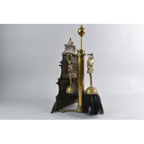 1 - A Late 19th Century Brass Fire Companion in the Form of a Tall Ship, Complete with Poker, Brushes an... 