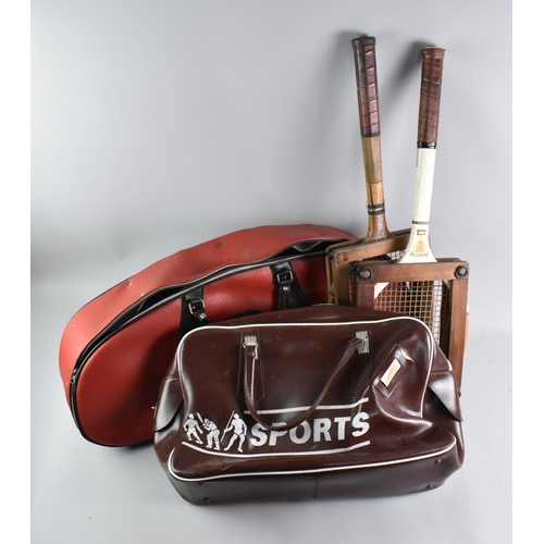 Two Mid Century Sports Bags containing tennis rackets and a croquet ball