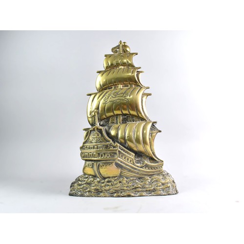 A Late 19th Century Brass Fire Companion in the Form of a Tall Ship, Complete with Poker, Brushes and Coal Shovel (Unrelated), Reg no 820835, 35cm high