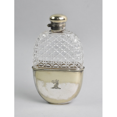42 - A Silver Plate and Cut Glass Hip Flask with Armorial Design to Base and Hinged Lid, 14.5cms High