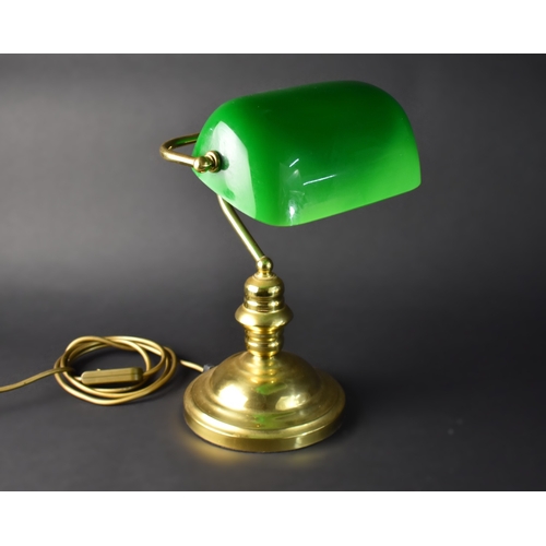 48 - A Late 20th Century Brass with Green Glass Shade Desktop Reading Lamp, 40cms High