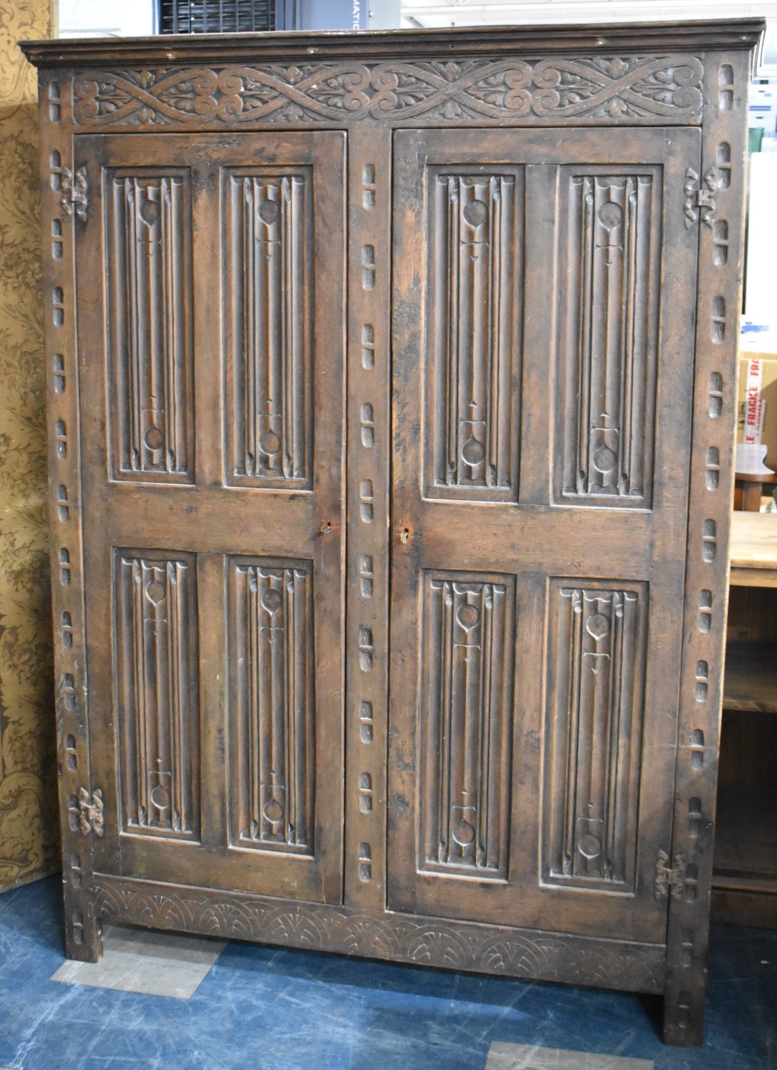 A 19th Century Carved Oak Hall Robe with Linen Fold Panelled Doors ...