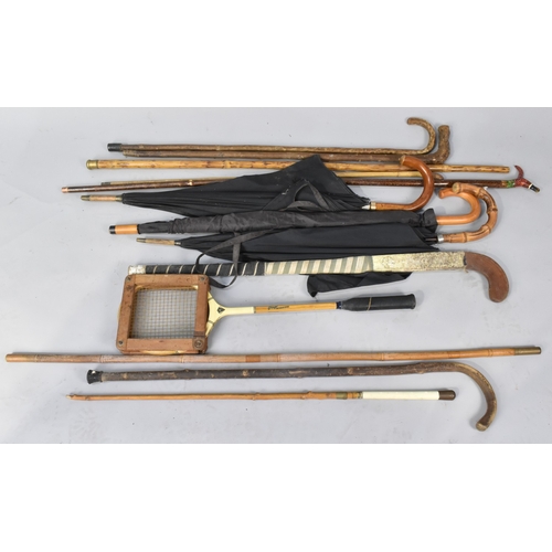 A Collection of Various Vintage Walking Sticks, Umbrellas, Squash ...