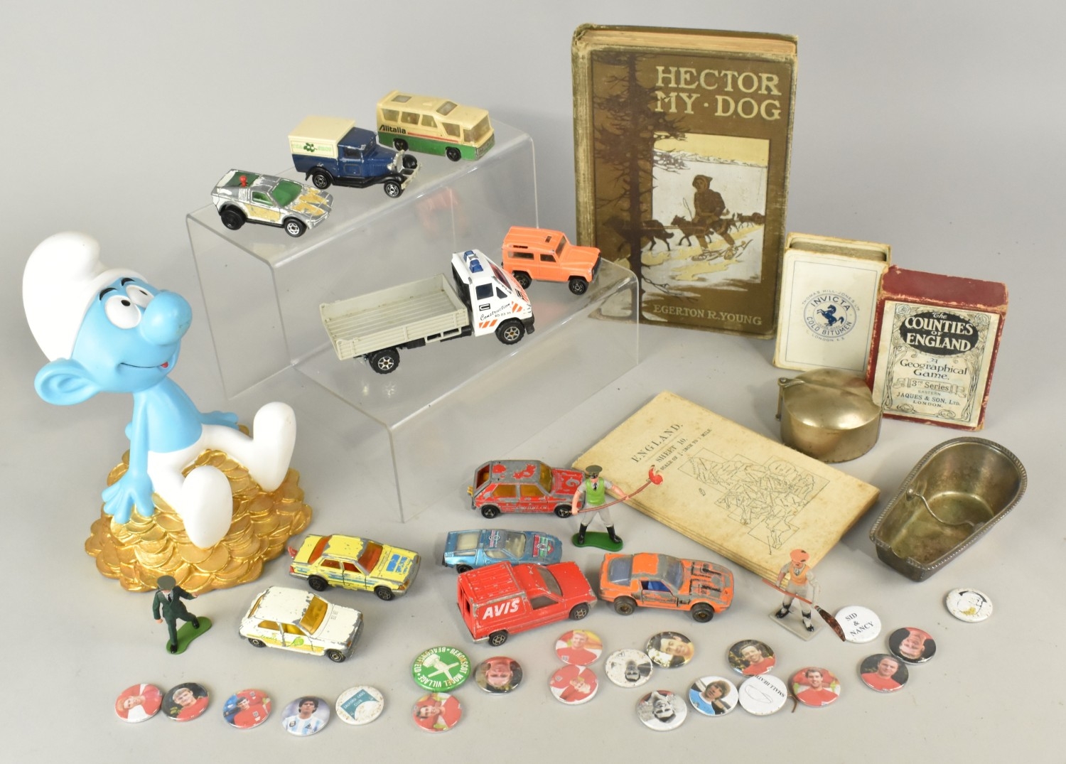 A Collection of Various Playworn Diecast Toys, Smurf Money Box, Playing ...