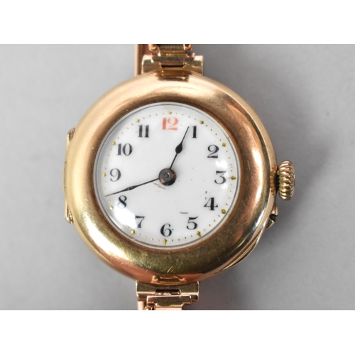 26 - An Early 20th Century Swiss Made Dreadnought 9ct Gold Trench Style Wristwatch and Strap, White Ename... 