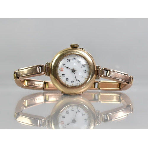26 - An Early 20th Century Swiss Made Dreadnought 9ct Gold Trench Style Wristwatch and Strap, White Ename... 