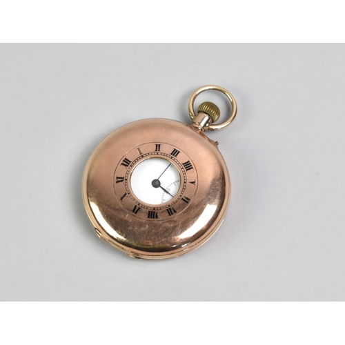 47 - A 9ct Gold Cased Half Hunter Pocket Watch, Enamelled Face with Roman Numerals and Steel Blue Spade H... 