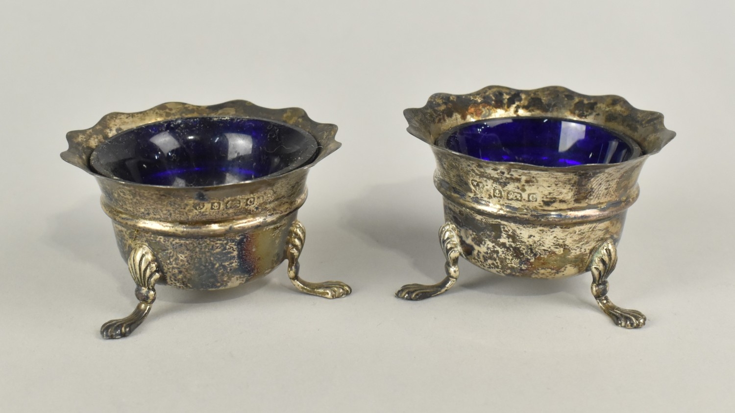 Two Silver Salts with Wavy Rims and Having Original Blue Glass Liners ...