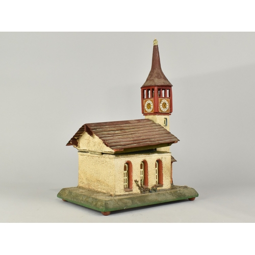 61 - A Late/Mid 20th Century Folk Art Musical Box in the Form of a Swiss Church with Illuminating Bell To... 