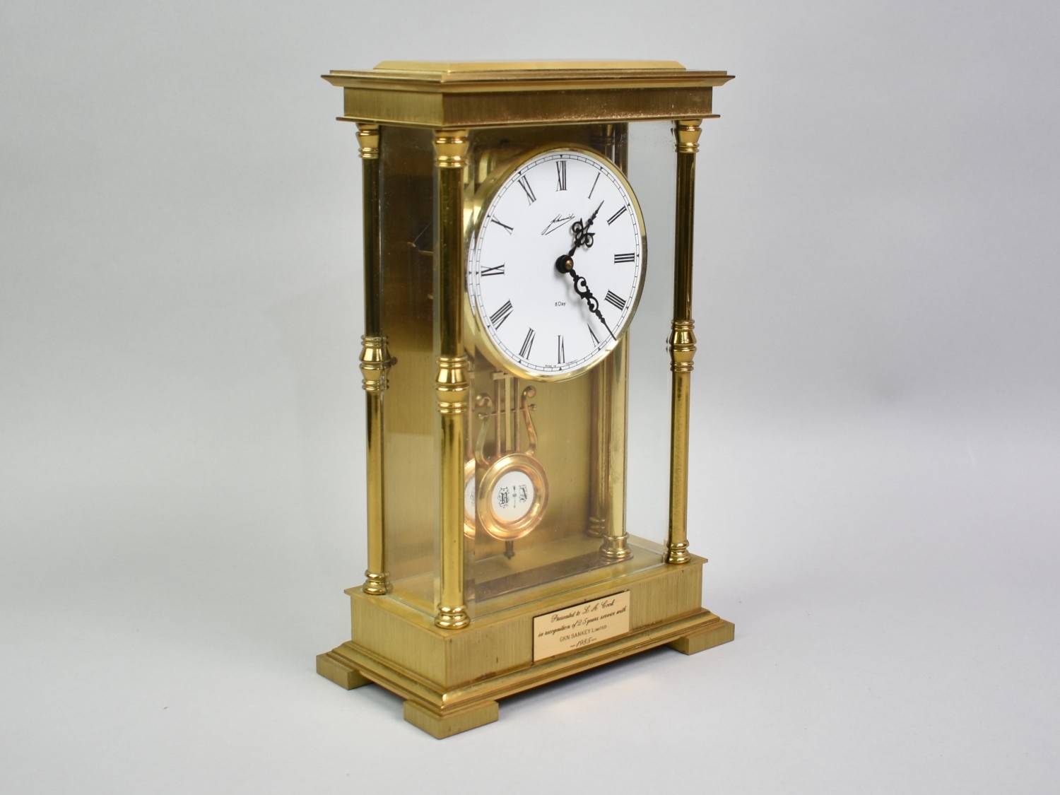 A Late 20th Century Heavy Brass Presentation Mantel Clock for 25 Years ...