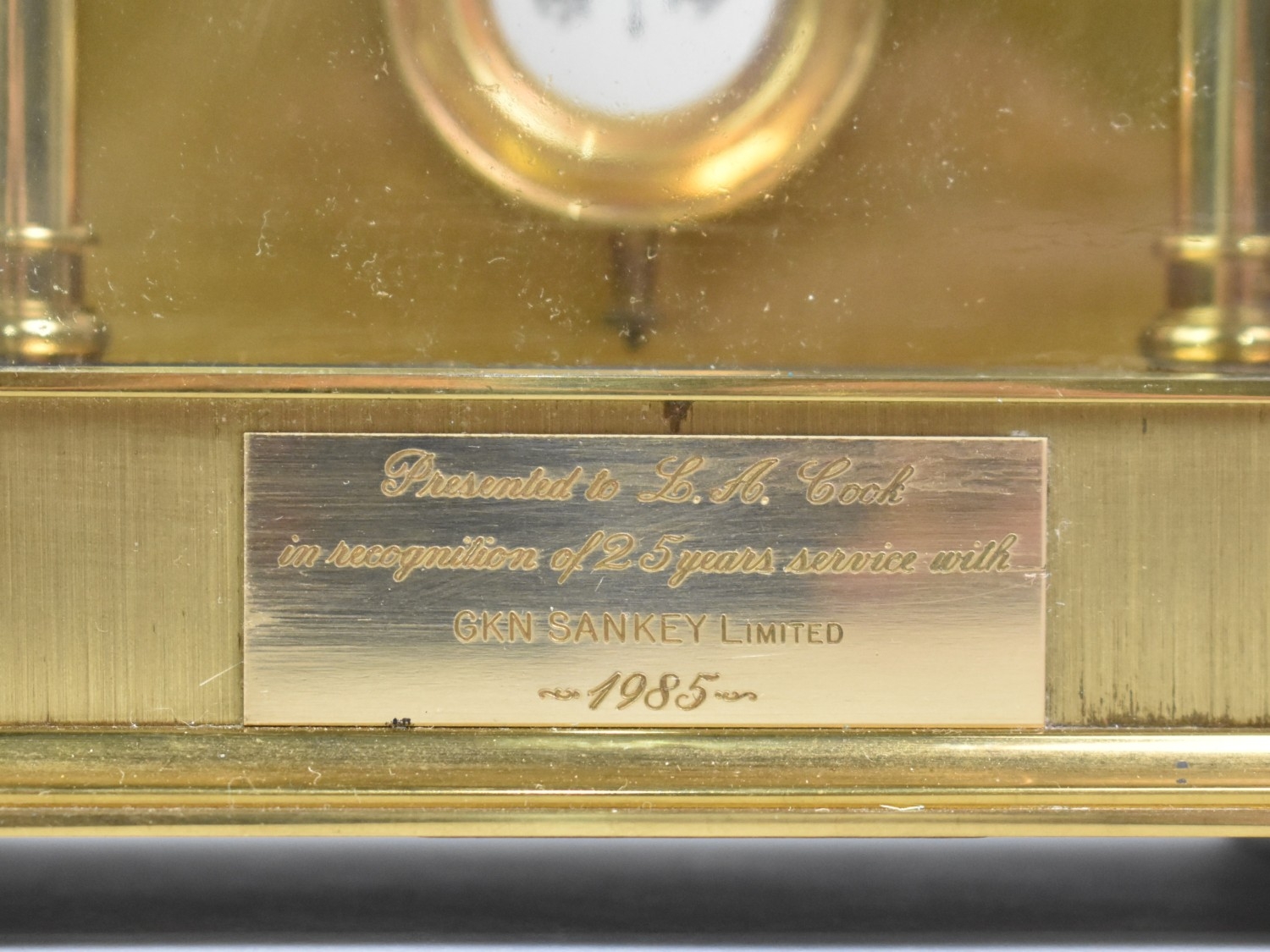 A Late 20th Century Heavy Brass Presentation Mantel Clock for 25 Years ...