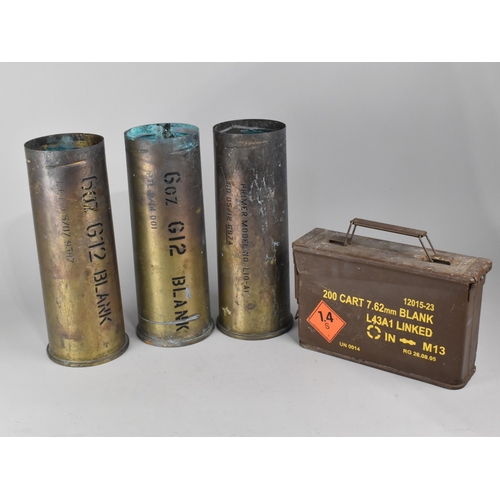 A Collection of Three Brass Blank Shell Bases and a Metal Ammunition ...