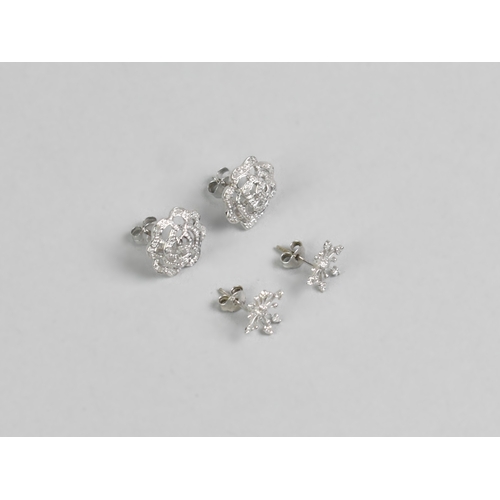 2 - Two Pairs of Diamond Mounted Earrings, Floral Examples and Snowflakes, 3.1gms, Floral Example 12.8mm... 