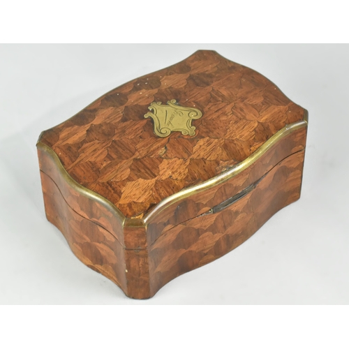 1 - A Continental Parquetry Silk Lined Serpentine Fronted Jewellery Box with Brass Escutcheon inscribed ... 