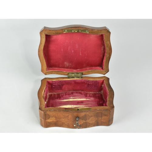 1 - A Continental Parquetry Silk Lined Serpentine Fronted Jewellery Box with Brass Escutcheon inscribed ... 