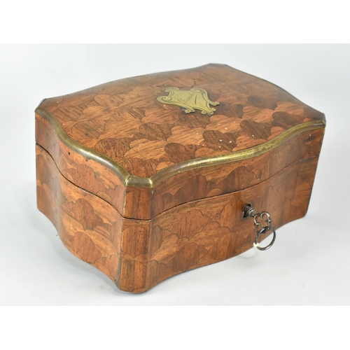 1 - A Continental Parquetry Silk Lined Serpentine Fronted Jewellery Box with Brass Escutcheon inscribed ... 