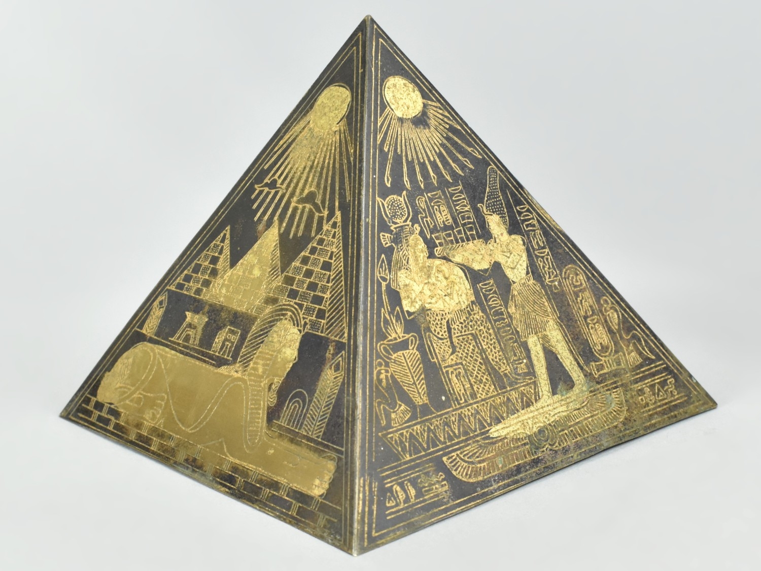 A Souvenir Etched Gilt Metal Egyptian Pyramid with Hieroglyphic ...