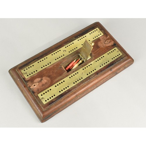 2 - A Late Victorian/Edwardian Brass Mounted Cribbage Board on Stepped Wooden Plinth with Pegs in Hinged... 