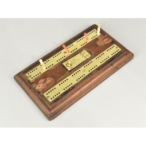 2 - A Late Victorian/Edwardian Brass Mounted Cribbage Board on Stepped Wooden Plinth with Pegs in Hinged... 