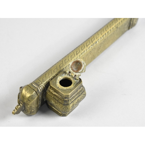 19 - An Engraved Brass Ottoman or Persian Qalamdan or Scribes Case with Inkwell and Pen Holder