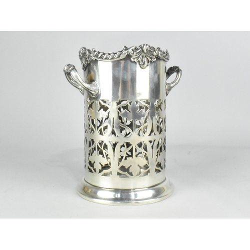28 - A Mid 20th Century Silver Plated Pierced Wine Coaster with Two Handles, 16cms High