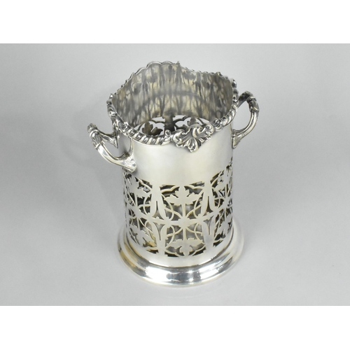 28 - A Mid 20th Century Silver Plated Pierced Wine Coaster with Two Handles, 16cms High