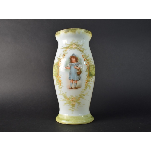 126 - A Late Victorian/Edwardian Opaque Glass Vase with Print of Girl with Letter, 27cms High