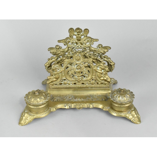 13 - A Reproduction Ornate French Style Brass Desktop Inkstand and Stationery Store, 29cms Wide