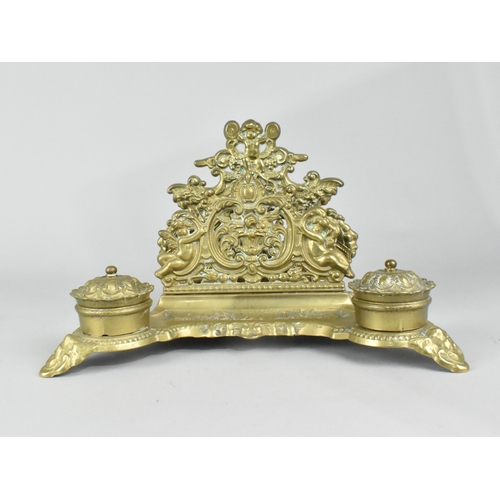 13 - A Reproduction Ornate French Style Brass Desktop Inkstand and Stationery Store, 29cms Wide