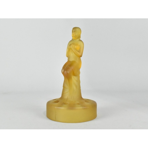 23 - An Art Deco Amber Glass Flower Centerpiece Modelled as a Seated Nude Maiden, 15cm High