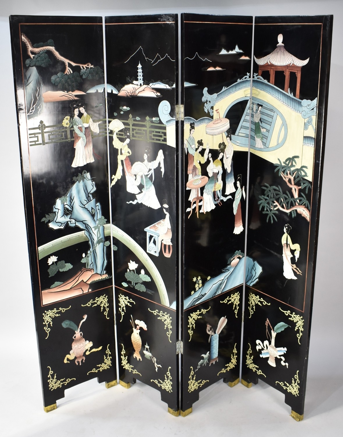 A Modern Lacquered Chinese Four Panel Modesty Screen, Each Panel 40cms ...