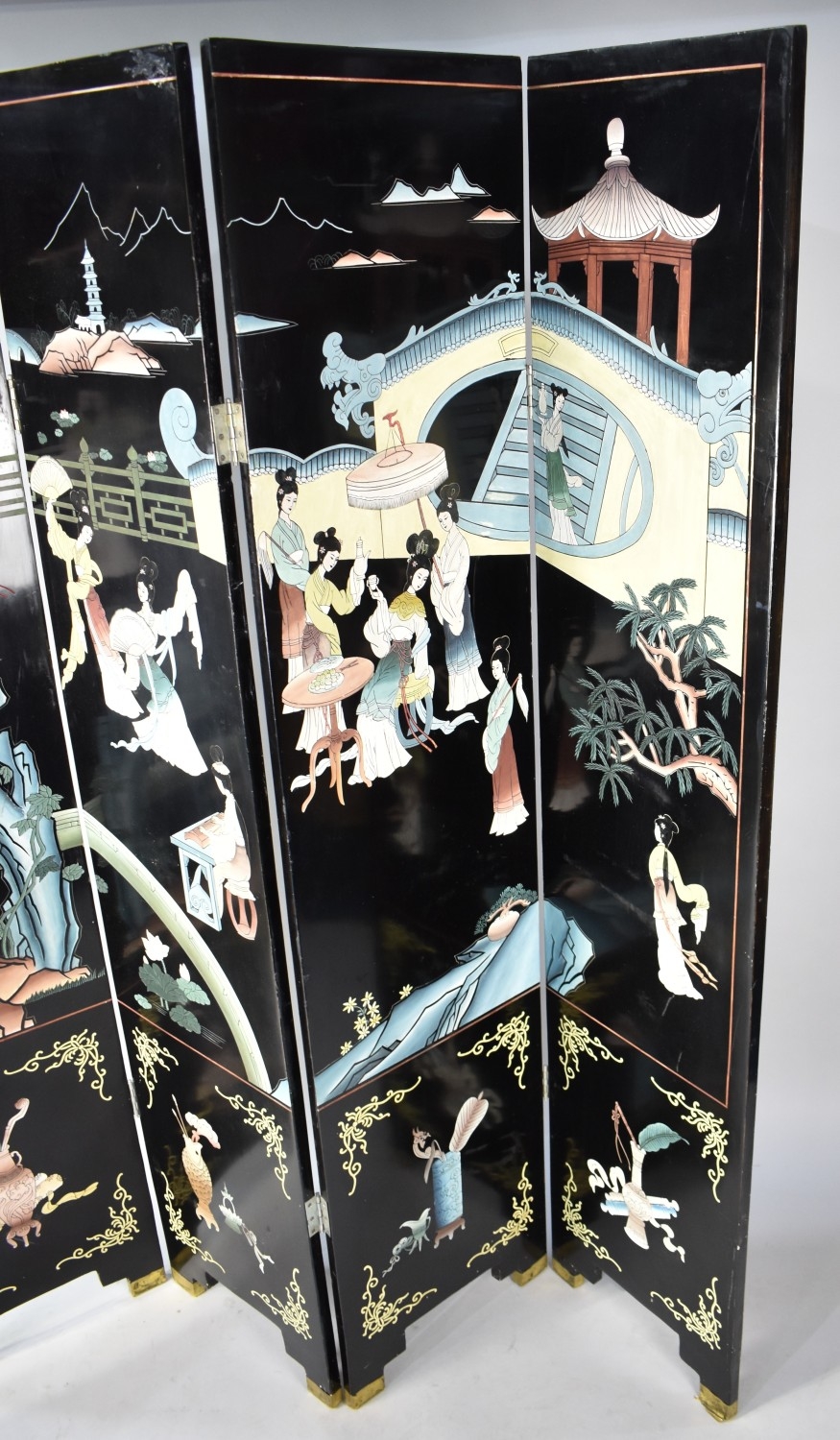 A Modern Lacquered Chinese Four Panel Modesty Screen, Each Panel 40cms ...