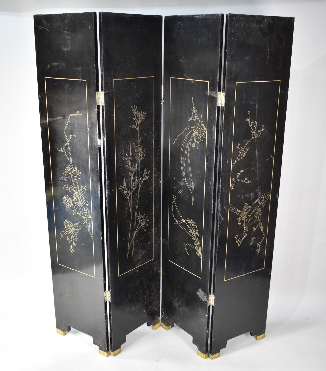 A Modern Lacquered Chinese Four Panel Modesty Screen, Each Panel 40cms ...