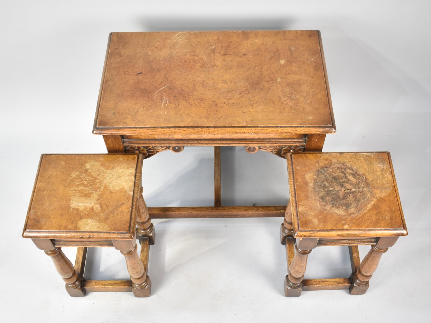 A Nest of Three Burr Oak Tables, Two Smaller Examples with Water ...