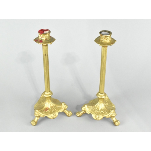 28 - A Pair of Gilt Painted Metal Candlesticks on tripod Bases, Ribbed Column Support and Claw Feet, 30cm... 