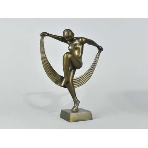 30 - A Cast Bronze Metal Art Deco Style Figure of a Dancing Maiden with Scarf, 24cms High