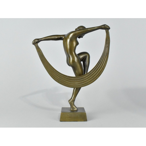30 - A Cast Bronze Metal Art Deco Style Figure of a Dancing Maiden with Scarf, 24cms High