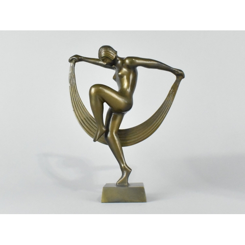 30 - A Cast Bronze Metal Art Deco Style Figure of a Dancing Maiden with Scarf, 24cms High