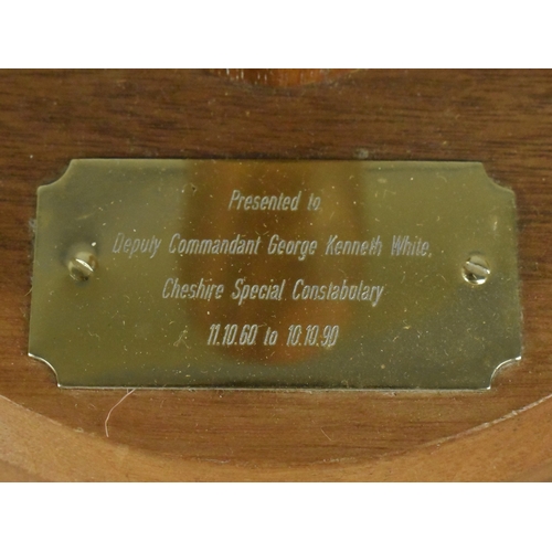 42 - A Miniature Boxed Police Helmet by Christys on Wooden Stand with Presentation Plaque for Cheshire Sp... 