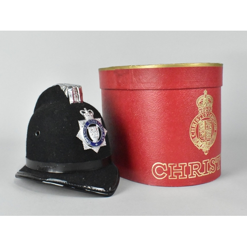 42 - A Miniature Boxed Police Helmet by Christys on Wooden Stand with Presentation Plaque for Cheshire Sp... 
